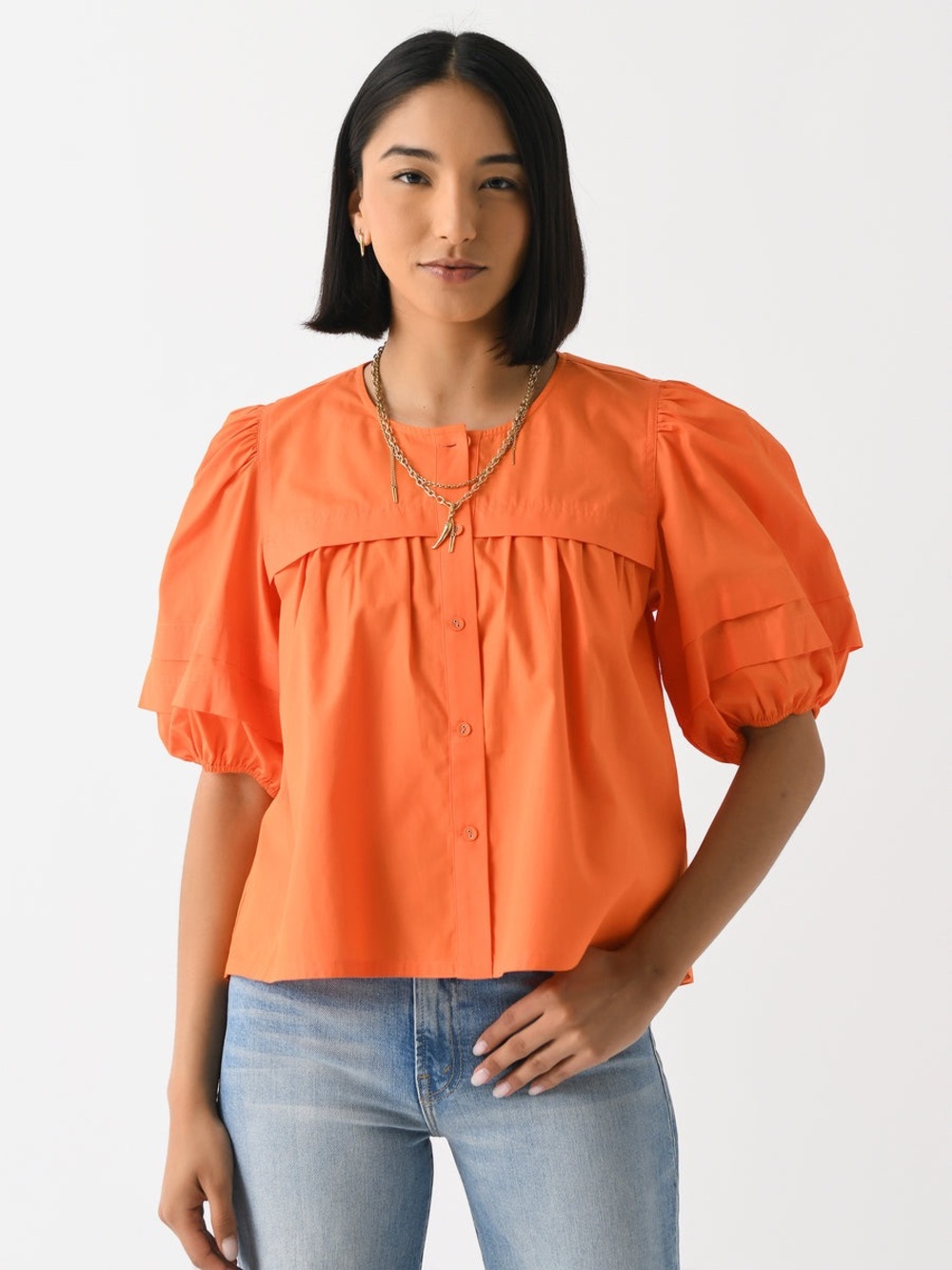 HUNTER BELL Orange Leanna Top Puff-Sleeve Button Front Blouse